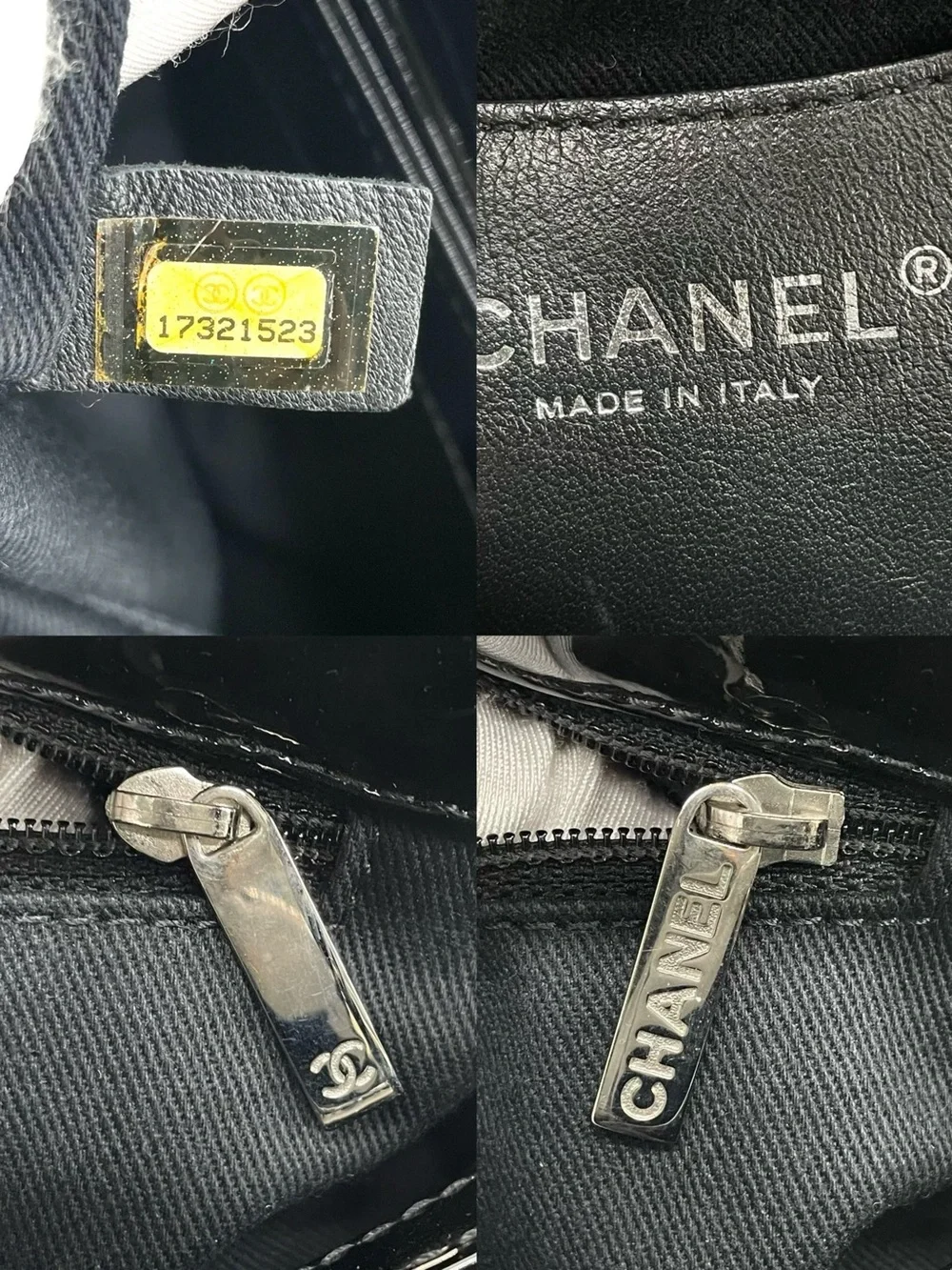 CHANEL Black Quilted Patent Shoulder Bag with Chain Strap and CC Charm